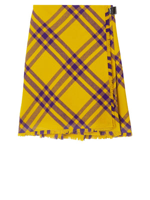 Yellow and Purple Wool Kilt with All-Over Check Motif for Women