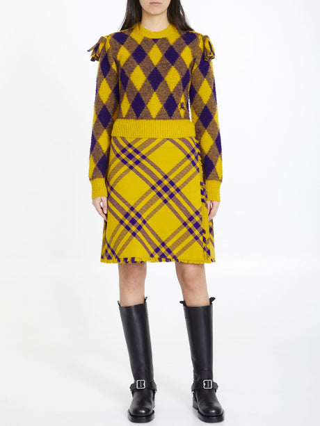 Yellow and Purple Wool Kilt with All-Over Check Motif for Women