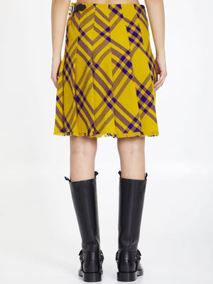 Yellow and Purple Wool Kilt with All-Over Check Motif for Women