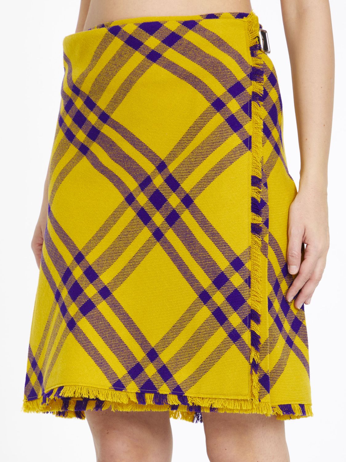 Yellow and Purple Wool Kilt with All-Over Check Motif for Women