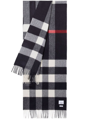 BURBERRY Navy Blue and White Check Cashmere Scarf with Fringed Edges