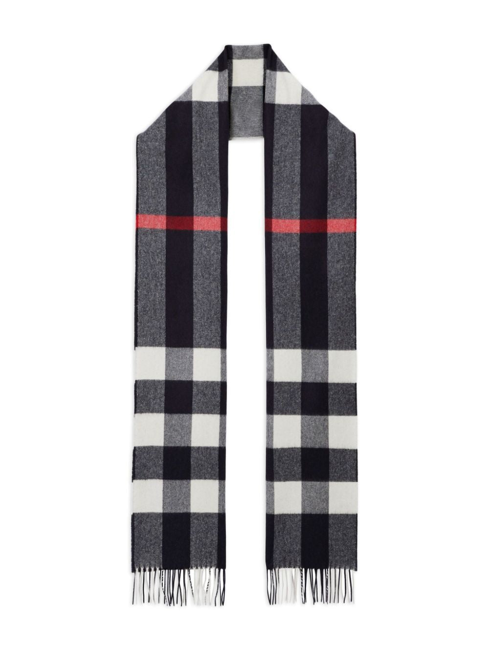 BURBERRY Navy Blue and White Check Cashmere Scarf with Fringed Edges