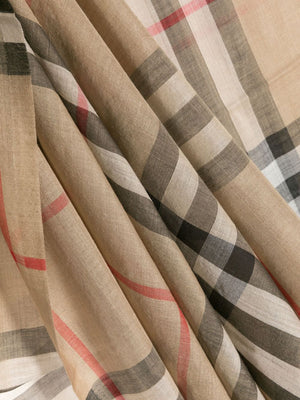 BURBERRY Tan Check Wool and Silk Scarf for Women - 220x70 cm - SS24