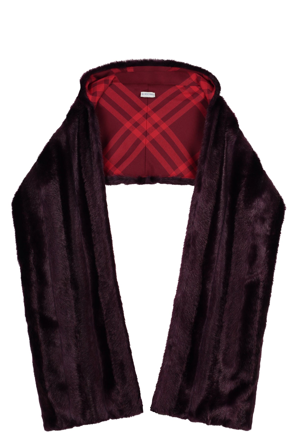 Men's Maroon Hooded Faux Fur Scarf with Check Motif Lining