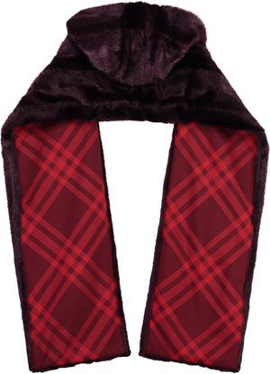 BURBERRY Men's Maroon Hooded Faux Fur Scarf with Check Motif Lining
