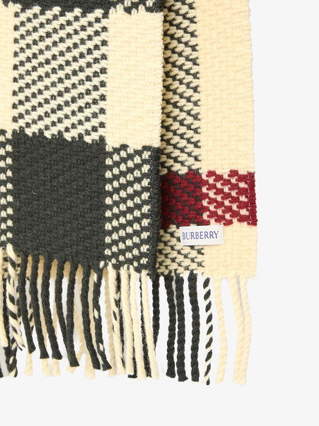 Wool Scarf with Burberry Check Motif and Fringed Hems - Cream