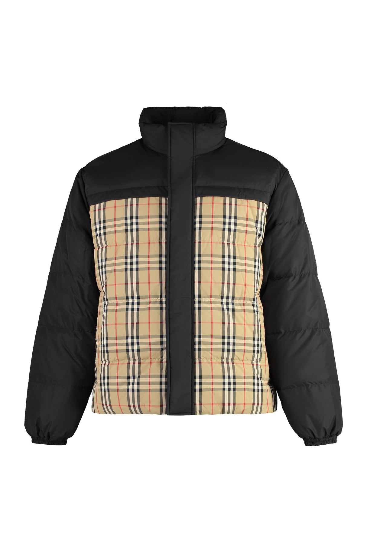 Reversible Down Jacket with Check Motif and Adjustable Hem