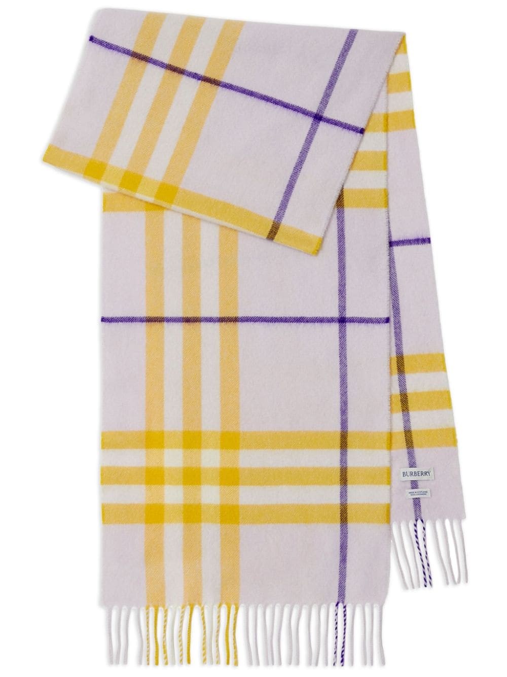 BURBERRY Checkered Fringed Cashmere Scarf in Sunflower Yellow and Lilac Purple