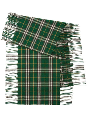 森林綠色100%羊絨格子帶毛邊矩形圍巾（女款）