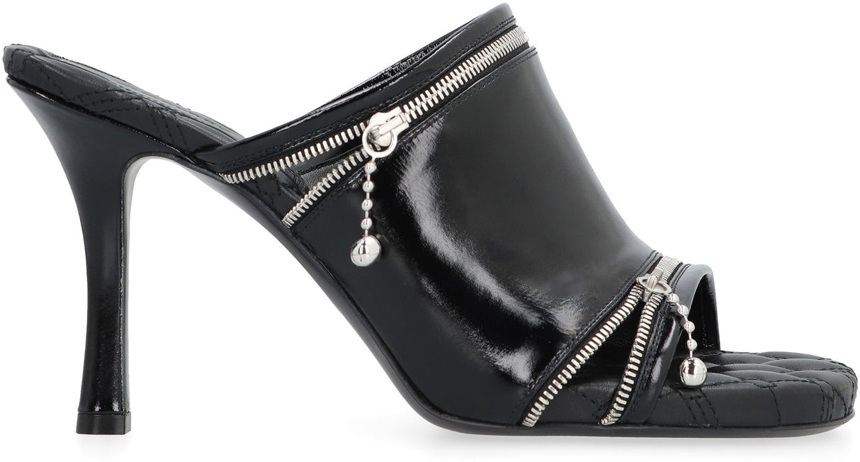 BURBERRY Black Shiny Leather Square Toe Sandal with Decorative Zips, High Stiletto Heel, Equestrian Logo Insole and Leather Sole