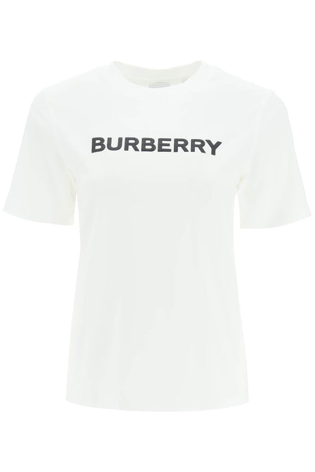 BURBERRY White Cotton T-Shirt with Textured Logo Print and Crew Neck for Women