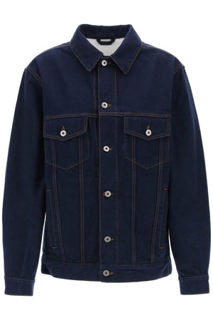 BURBERRY Navy Denim Jacket with Single-Button Foldable Cuffs & Flocked Floral Print