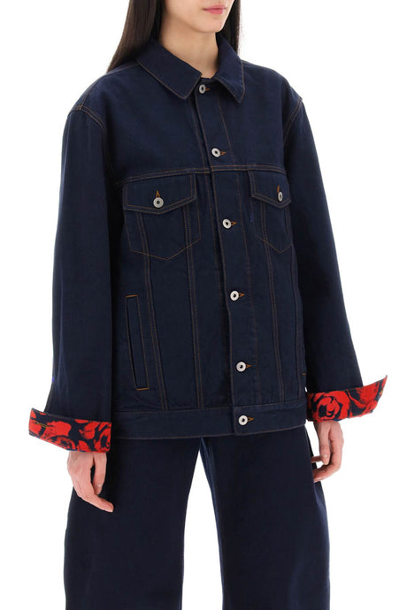 BURBERRY Navy Denim Jacket with Single-Button Foldable Cuffs & Flocked Floral Print