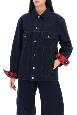 BURBERRY Navy Denim Jacket with Single-Button Foldable Cuffs & Flocked Floral Print