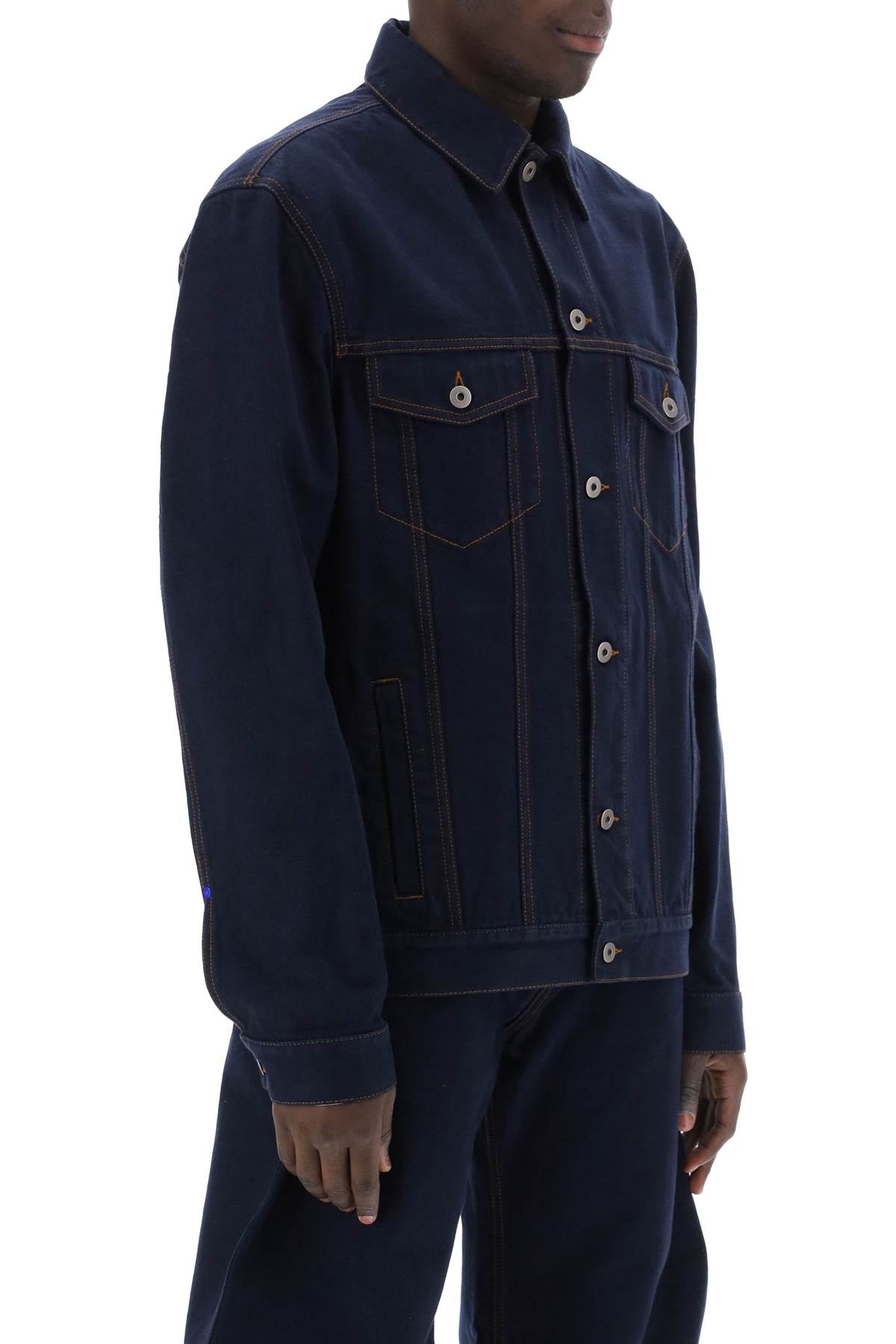 BURBERRY Navy Denim Jacket with Floral Print Cuffs for Men