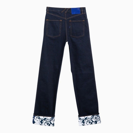 BURBERRY Indigo Blue Denim Pants with Rose Print and Leather Detail for Women