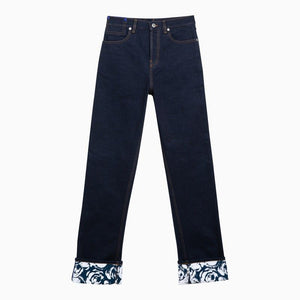 BURBERRY Indigo Blue Denim Pants with Rose Print and Leather Detail for Women