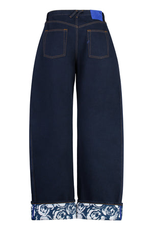 BURBERRY Men's Wide-Leg Blue Jeans with Leather Details