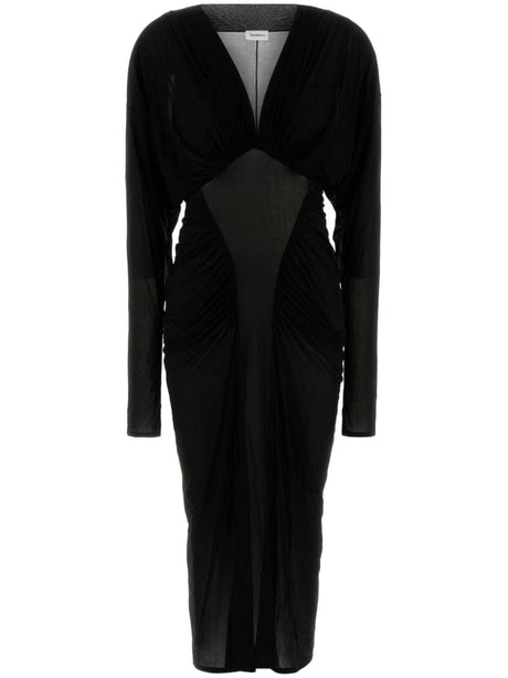 SAINT LAURENT Ruched Midi Dress with Plunging V Neckline - Size 36