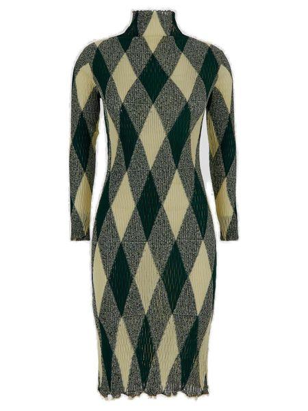 BURBERRY Stunning High-Neck Argyle Motif Dress for Women in Green - Spring/Summer 2024