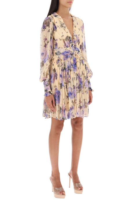 Lyrical Chiffon Mini Dress للنساء - فستان ميني بطبعات زهور وأكمام طويلة ورقبة V وتنورة دائرية