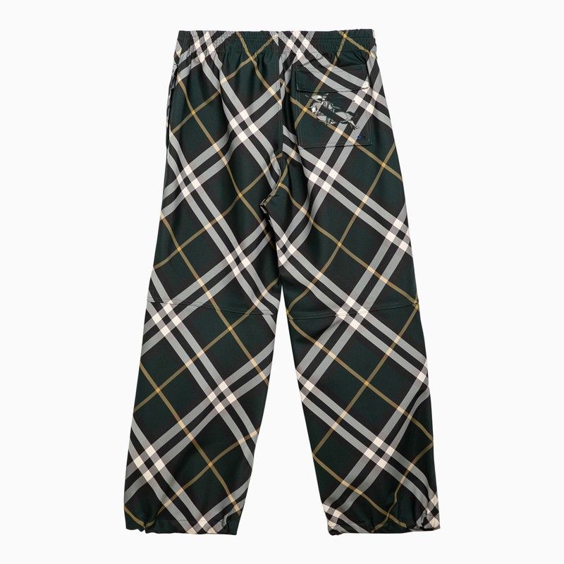 BURBERRY Men's Green Technical Fabric Pants with Check Motif and Adjustable Drawstrings