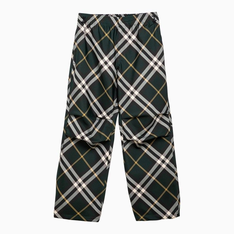 BURBERRY Men's Green Technical Fabric Pants with Check Motif and Adjustable Drawstrings