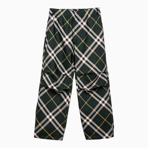 BURBERRY Men's Green Technical Fabric Pants with Check Motif and Adjustable Drawstrings