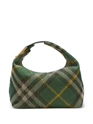 BURBERRY Medium-Sized Duffle Handbag in Dark Green with Banana Yellow Gold-Tone Check Pattern and Top Handle for Women