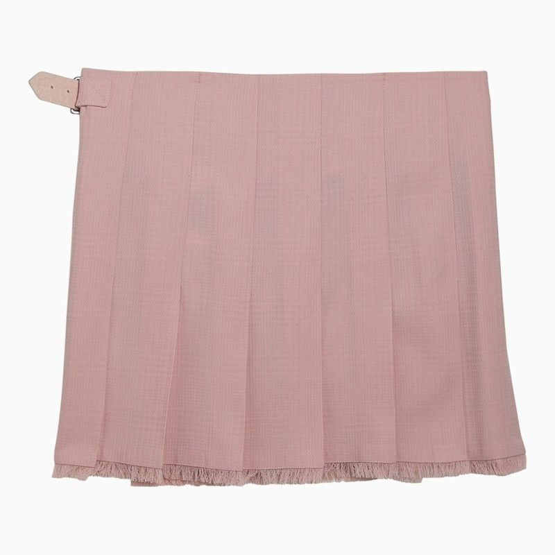 Pink Wool Skirt with Prince of Wales Check Pattern and Fringe Detail