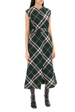 BURBERRY Ivy Green Wool Midi Dress with Nova Check Print and Silver-Tone Hardware