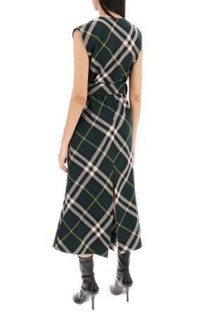 BURBERRY Ivy Green Wool Midi Dress with Nova Check Print and Silver-Tone Hardware