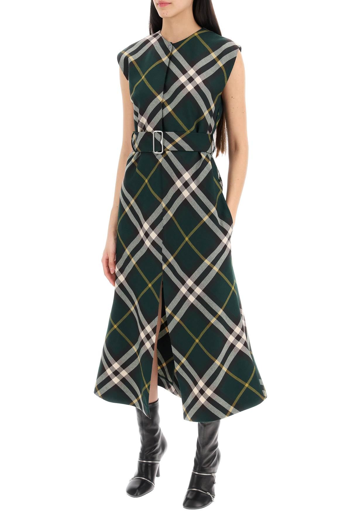 BURBERRY Green Checked Wool Midi Dress for Women