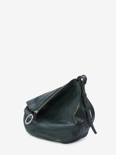 BURBERRY Green Crinkled Calfskin Medium Knight Shoulder Bag with Silver-Tone Horse Clip, 37x13x32 cm