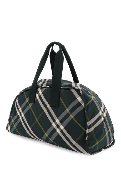 BURBERRY Large Shield-Shaped Green Check Pattern Nylon Duffel Bag with Leather Base for Men