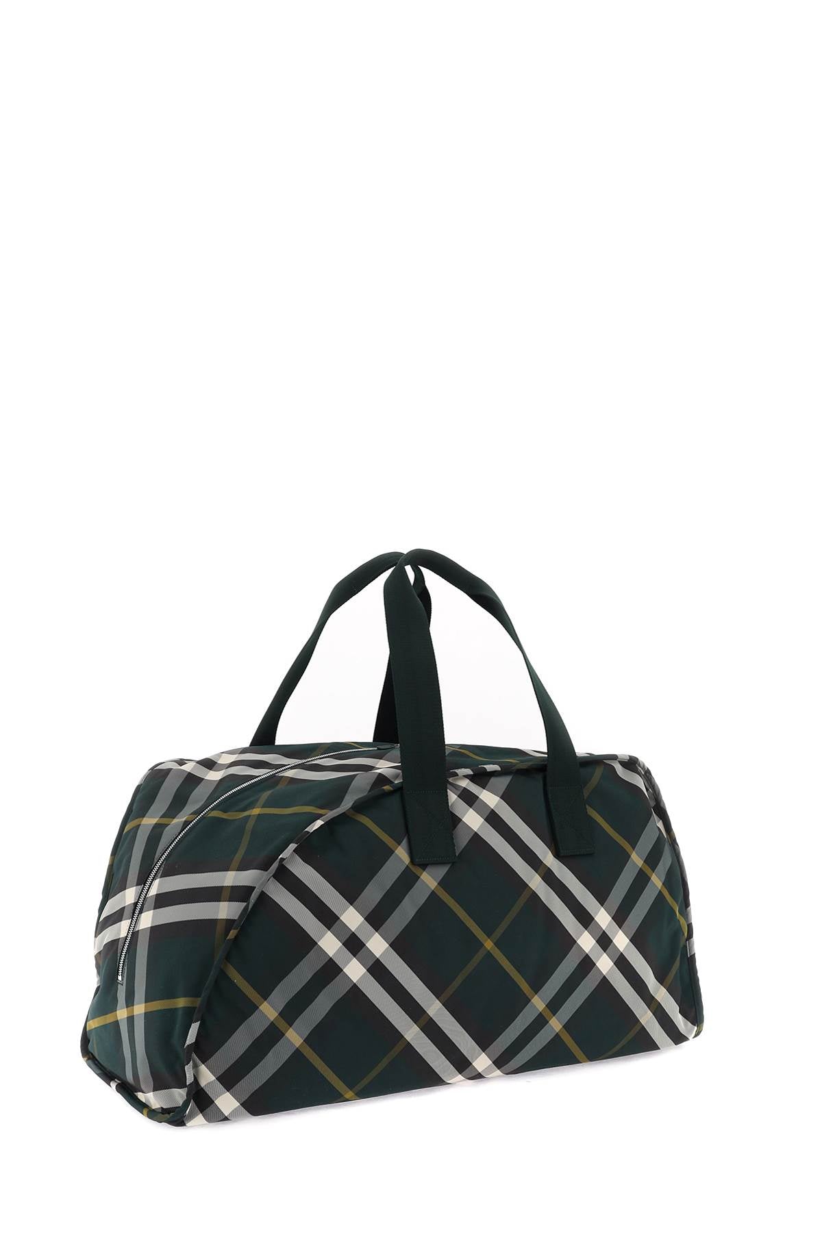 BURBERRY Large Shield-Shaped Green Check Pattern Nylon Duffel Bag with Leather Base for Men