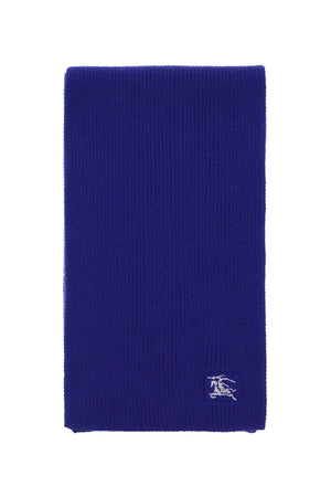 BURBERRY Royal Blue Cashmere Ribbed Knit Scarf with Equestrian Knight Motif