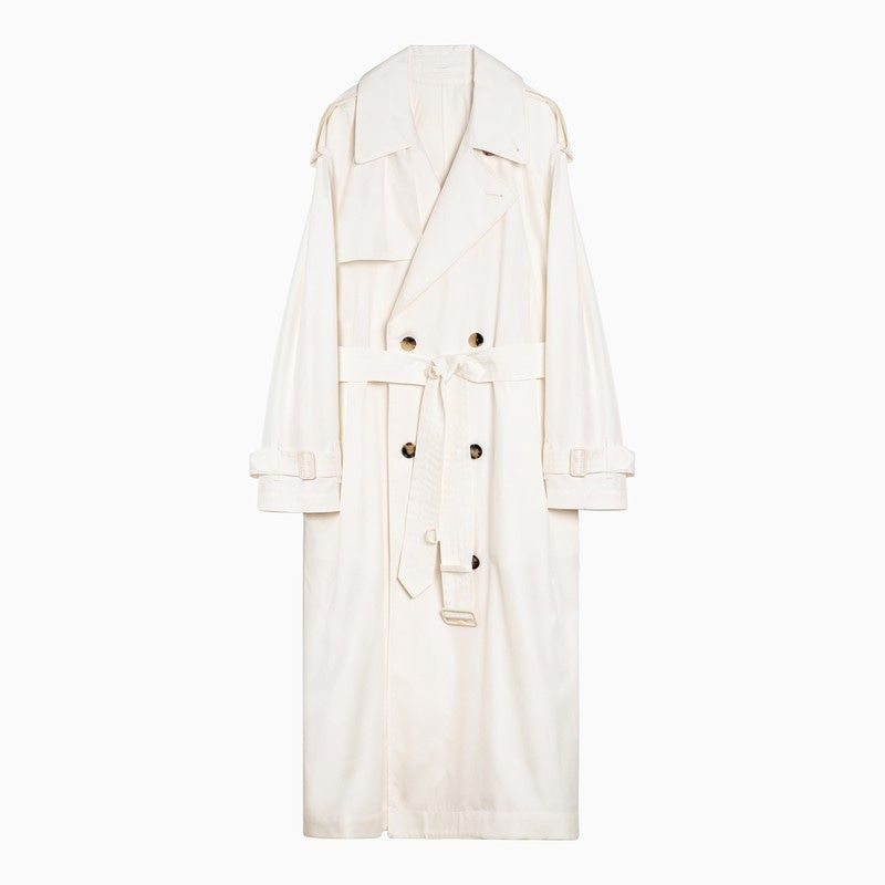 BURBERRY Light Beige Silk Double-Breasted Long Trench Jacket for Women