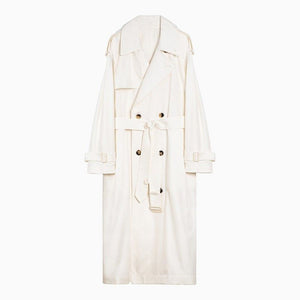 BURBERRY Light Beige Silk Double-Breasted Long Trench Jacket for Women