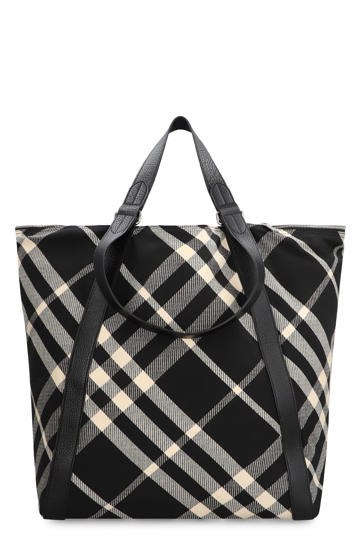 BURBERRY Men's Black Tartan Motif Tote Handbag with Leather Details and Multiple Pockets