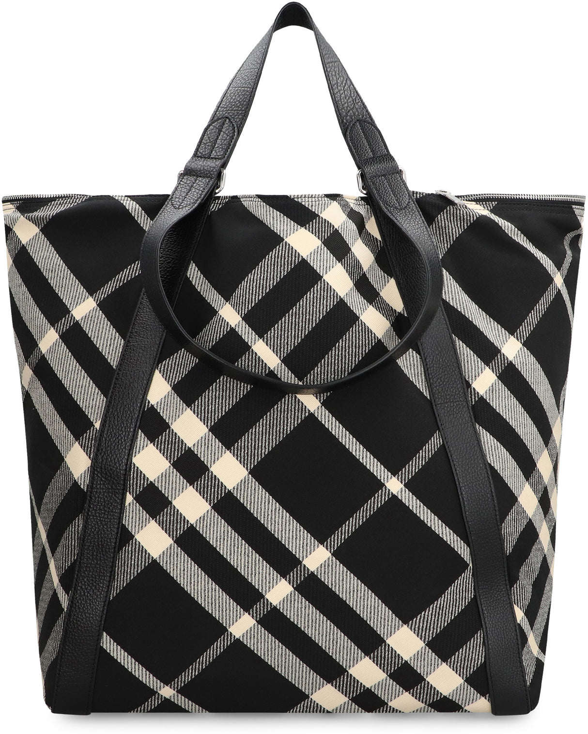 BURBERRY Men's Black Check Pattern Tote Handbag with Leather Handles and Zippered Pockets