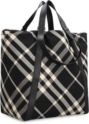 BURBERRY Men's Black Tartan Motif Tote Handbag with Leather Details and Multiple Pockets