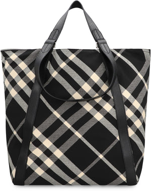 BURBERRY Men's Black Check Pattern Tote Handbag with Leather Handles and Zippered Pockets