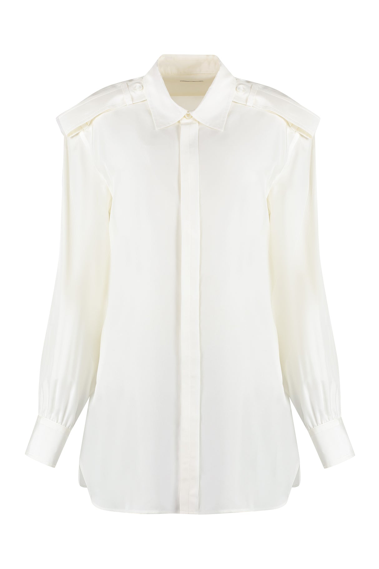 قميص حرير أبيض بأزرار للنساء - حافة دائرية، مجموعة SS24