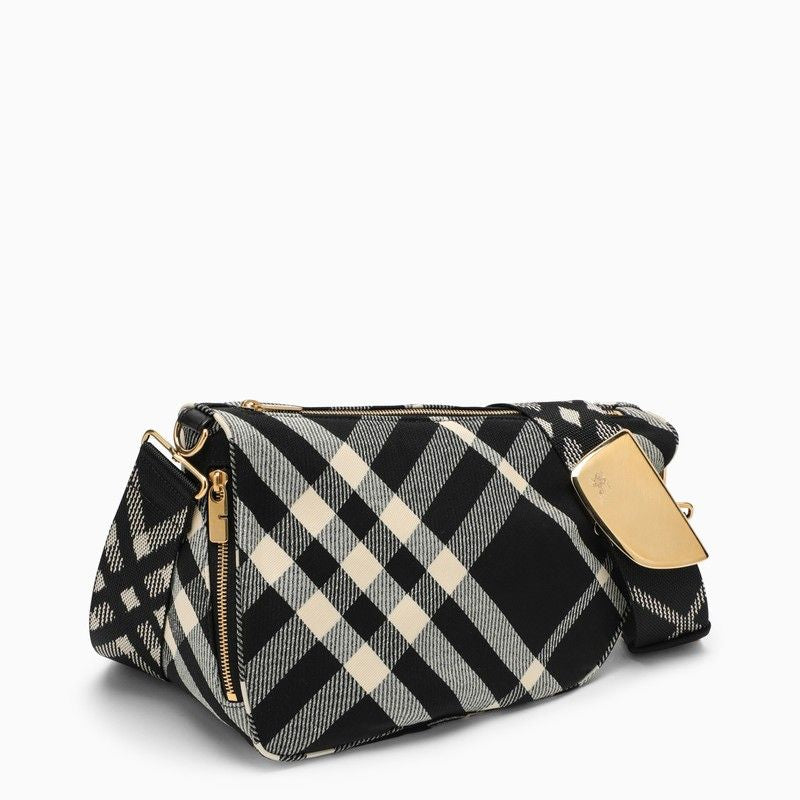 BURBERRY Black Check Jacquard Medium Messenger Crossbody Handbag with Adjustable Logo Strap