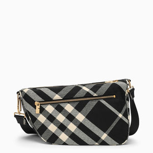 BURBERRY Black Check Jacquard Medium Messenger Crossbody Handbag with Adjustable Logo Strap