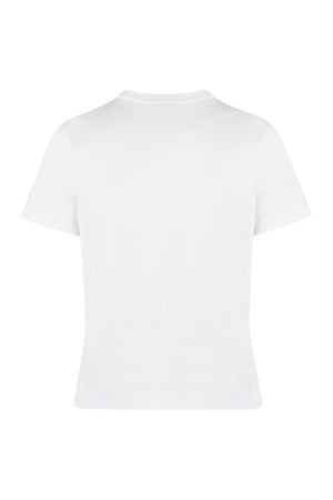 女性用ホワイトコットンクルーネックTシャツ SS24向け
