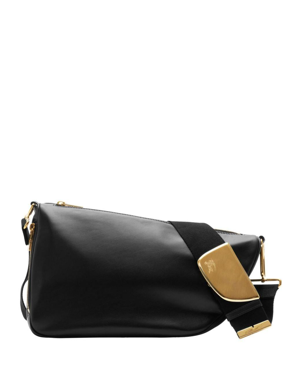 BURBERRY Black Leather Messenger Shield Medium Shoulder Bag with Gold-Tone Hardware, 34x14x19 cm