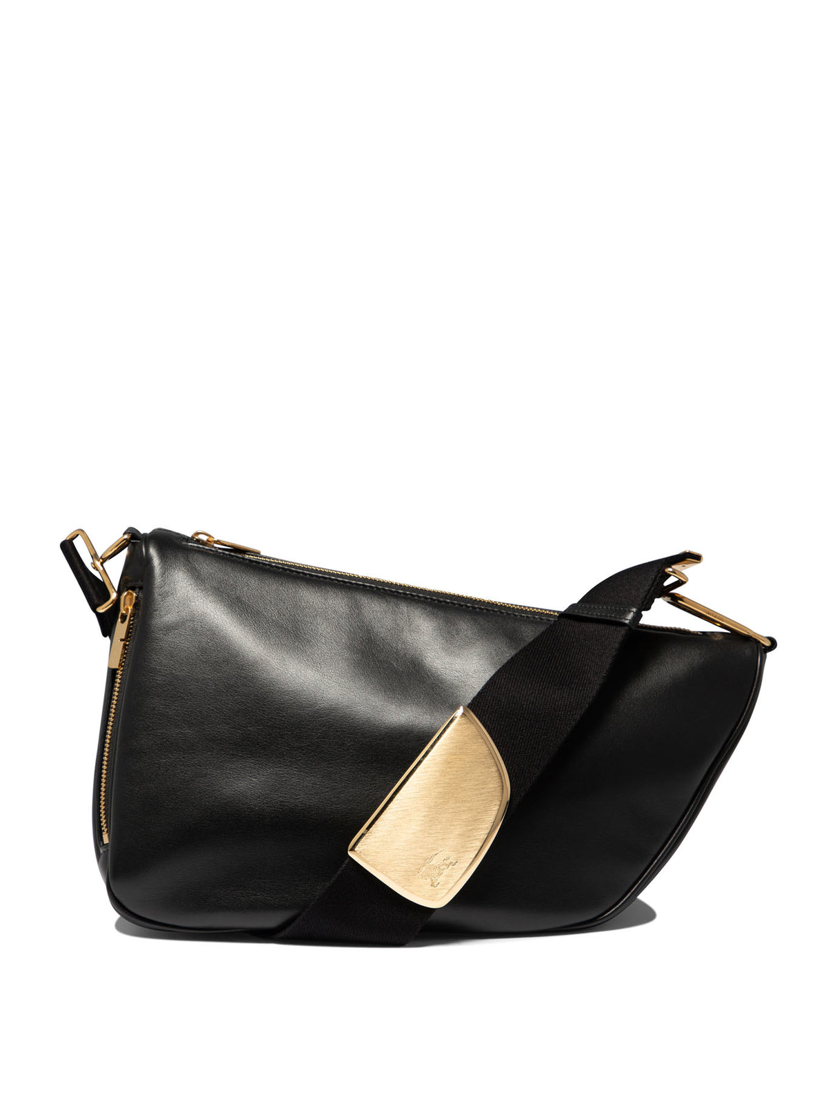 BURBERRY Black Leather Messenger Shield Medium Shoulder Bag with Gold-Tone Hardware, 34x14x19 cm