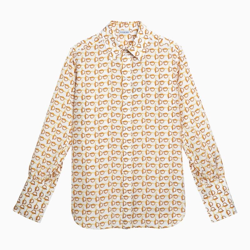 BURBERRY White Silk Shirt with Gold Pattern - Pointed Collar, Long Sleeves, Front Button Placket